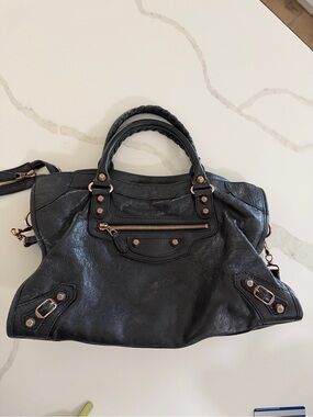 Balenciaga Black Leather City Bag with Rose Gold Hardware